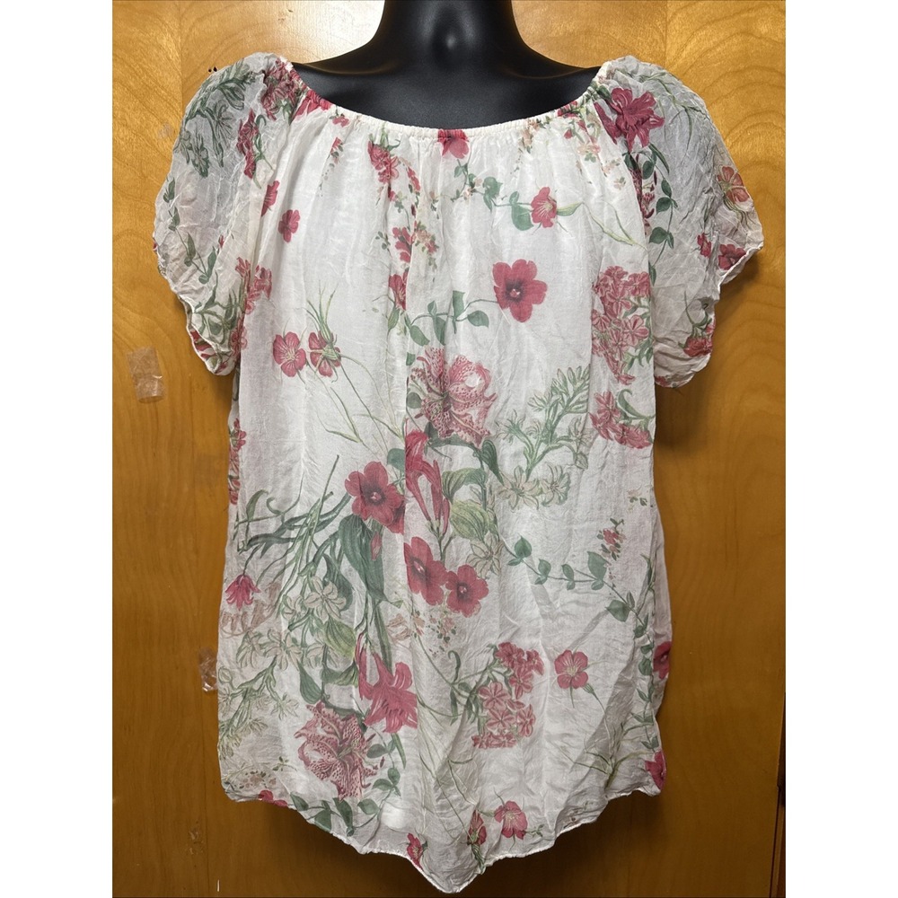 Luisa Ricci Silk Romantic Floral Peasant Boho Blouse Sheer Puff Sleeve Flowy L